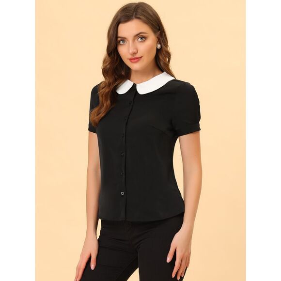 Peter Pan Collar Blouse Contrast Collar Button Down Chiffon Top Black - Picture 4 of 6